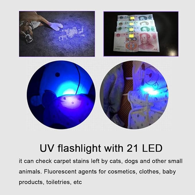 Flashlight, Light Mini Torch Light Urine Light Detector 21 LED Flashlight Ultra Violet Pet Urine Detector Light for Dog Cat (Without Tail Strap)