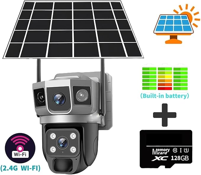 for Outdoor Camera Battery CCTV Monitor 4G SIM Card Network IP Security Pet Camera Motion Detection 3 Screen PTZ Camera(WiFi CCTV 128G Card)