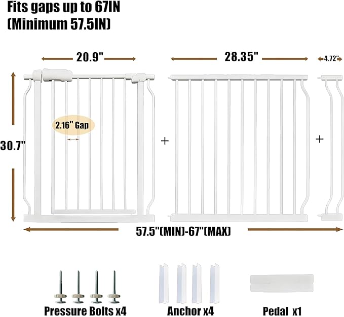 Extra Wide Baby & Dog Gate 62-67 Inch, Pressure Mounted No Drilling, Adjustable Indoor Safety Gate for Stairs & Wide Doorways - Metal Design for Kids and Pets, White