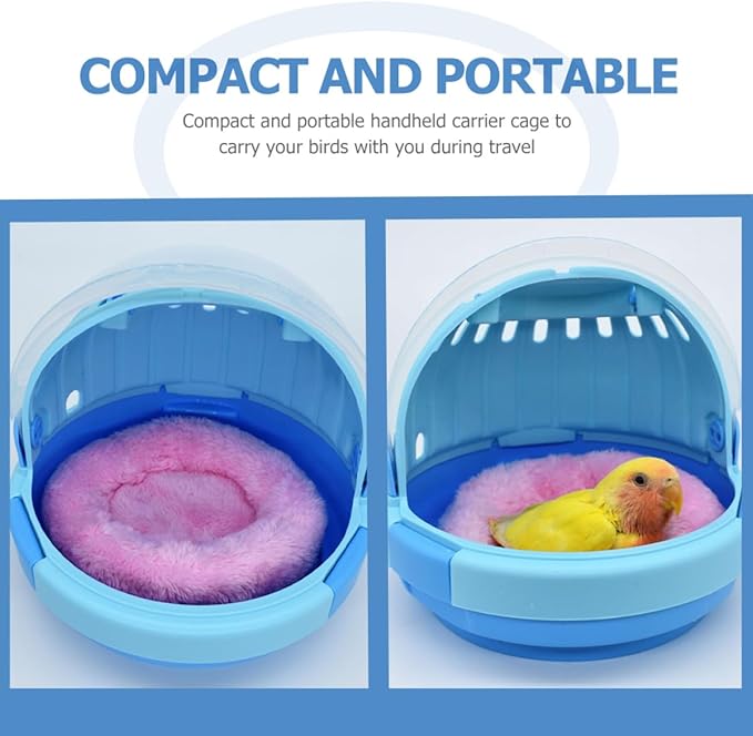 Small Portable Parrot Carrier Cage with Blue Plush Nest, Handheld Outdoor Bird Travel Cage for Small Parakeets and Young Parrots