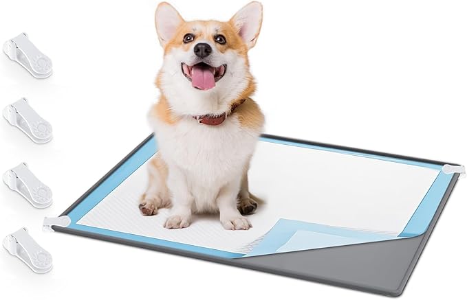 Timgle 1 Dog Pee Pad Holder Puppy Pad Tray 30 x 24 Inches Silicone Dog Potty Tray No Spill Pee Mat Potty Cushion Holder with 4 Clamps for Pets, Easy to Clean and Store(Gray)