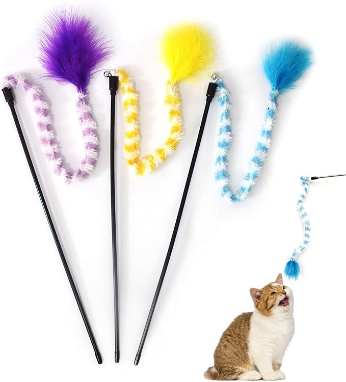 IUHKBH Cat Wand Toys 3 PCS Colorful Plush Strips Teaser Wands with Bell Interactive Cat Toys Cute Kitten Stick for All Breed Size