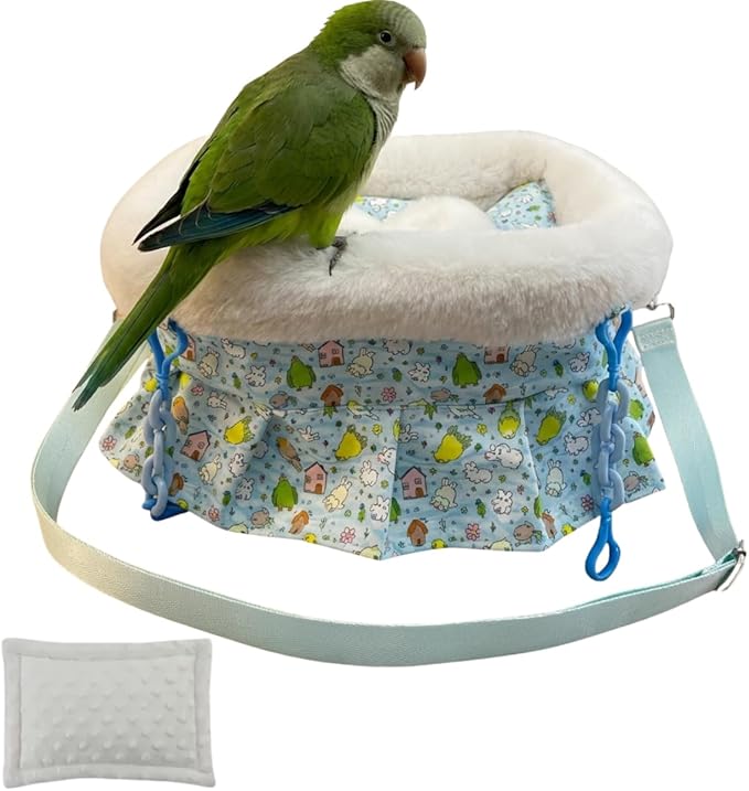 2 in 1 Warm Bird Carrier Bag, Bird Hammock Bed for Cage, Winter Travel Bag, Portable Parrot Outing Bag for Lovebird, Budgie, Conure, Quaker, Small Medium Birds (Blue,Large)
