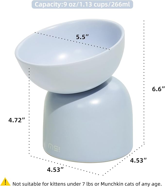 Elevated Ceramic Cat Food Bowl - 5.5" Wide Dish for Whikser Friendly, 6.6" Height for Easy Feeding, Lead & Cadmium Free, Durable Raised Cat Food Bowls, Blue
