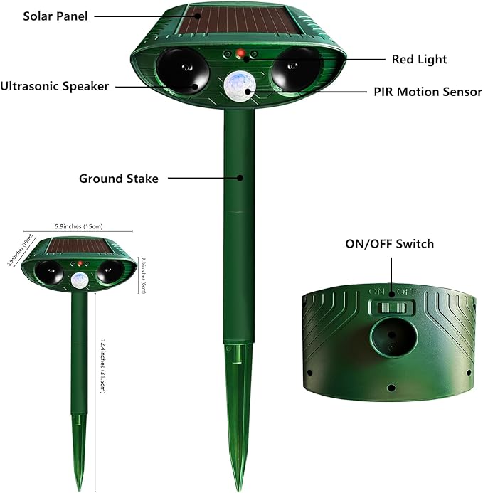 2 Pack Solar Ultrasonic Animal Repellent Outdoor, Cat Deterrent, Squirrel Repellent, Motion Activated Deer Repellent Devices for Squirrel Rabbit Skunk Raccoon Dog Cat Deer Fox Coyote Bird for Garden