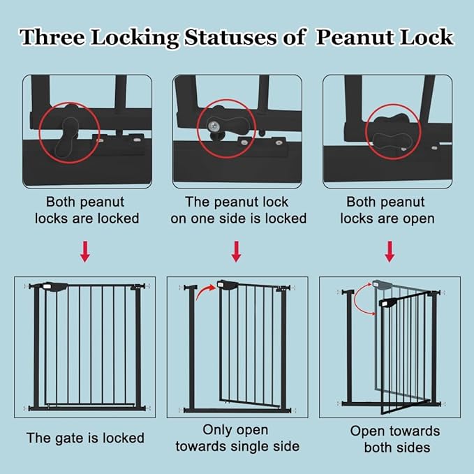 WAOWAO Triple Lock Baby Gate Extra Wide 57.87-62.59" Pressure Mounted Walk Through Swing Auto Close Safety Black Metal Dog Pet Puppy Cat for Stairs,Doorways,Kitchen