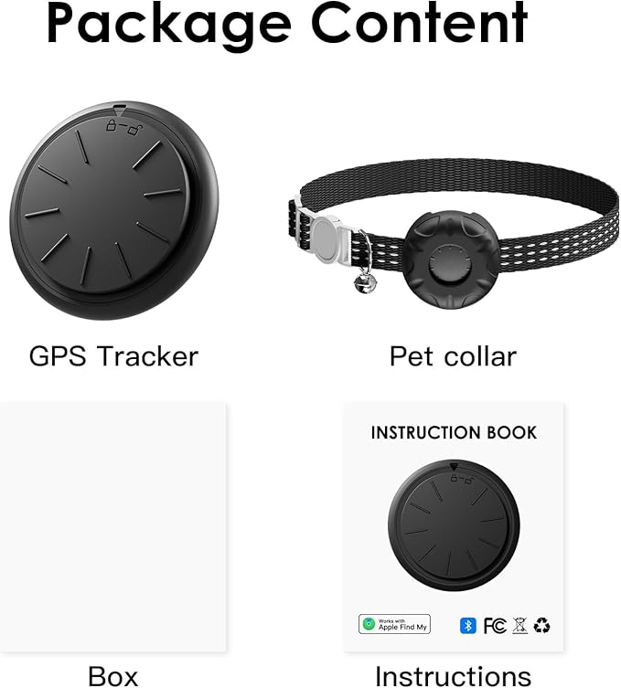 Cat Tracker, Waterproof Pet Tracker for Cats, Cat GPS Tracker Collar with Safety Elastic Buckle, Compatible with Apple Find My App (Only iOS), No Monthly Fee (Black Tracker, Black Cat Collar)