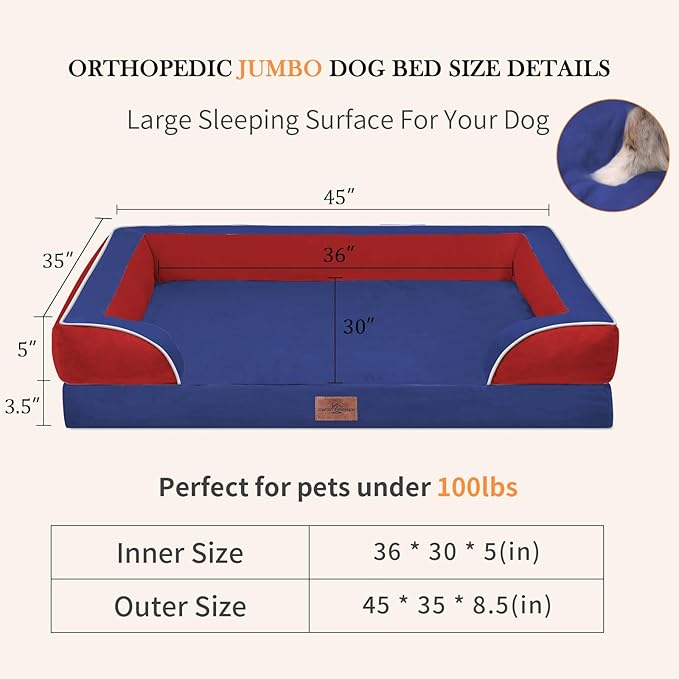 Comfort Expression Orthopedic Dog Bed for Extra Large Dogs 45x35 Inch, Waterproof Egg Crate Foam XL Pet Bed with Removable Bolsters, Dog Couch with Washable Cover & Non-Slip Bottom, Classic Tri-Color