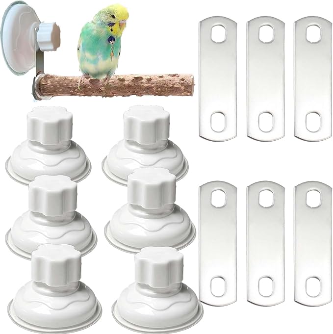 6 Pack Suction Cup Accessory Sets for Brid Perches Brid Stand Sticks Stand Toy Wood Platform for Parrot Parakeet Cockatiel Budgie Suction Cup for Window Bath Shower Car Travel Wall Outdoor Indoor
