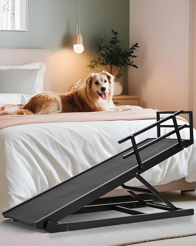 Dog Ramp for Bed, Pet Ramp for Small Dogs to Get on Bed, Dog Bed Ramp for High Bed 24 inch, Adjustable Wood Furniture Dog Ramp for Couch/Bedroom, Adjustable from 15" to 24" Height - Black