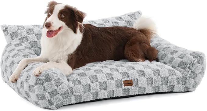 Made4Pets Dog Couch Bed, Soft Faux Fur Checkered Indoor Pet Sofa, Comfortable Fluffy Dog Sofa with Supportive Foam, Removable Washable Cover with Non-Slip Base, Grey, Large