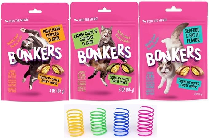 Bonkers Cat Bites, Crunchy & Soft, 3 Oz Resealable Bag, 3 Pack - 1 Paw Lickin' Chicken, 1 Catnip Chick N' Cheddar, and 1 Seafood & Eat It! Flavor, Plus 4 Cat Spring Toys