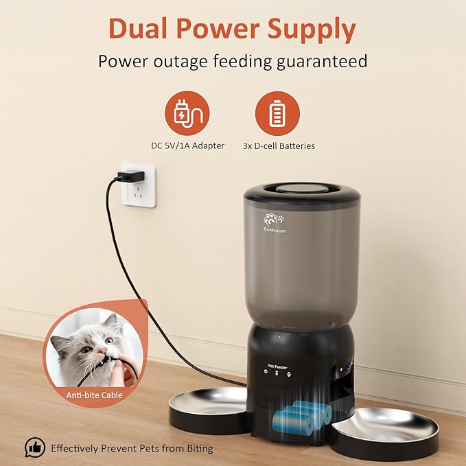 Automatic Cat Feeder with Camera for 2 Cats, 2K HD Video with Night Vision, 5G/2.4G WiFi with 2-Way Audio, Timed Automatic Cat Feeders for Cat & Dog, Dual Power, Black