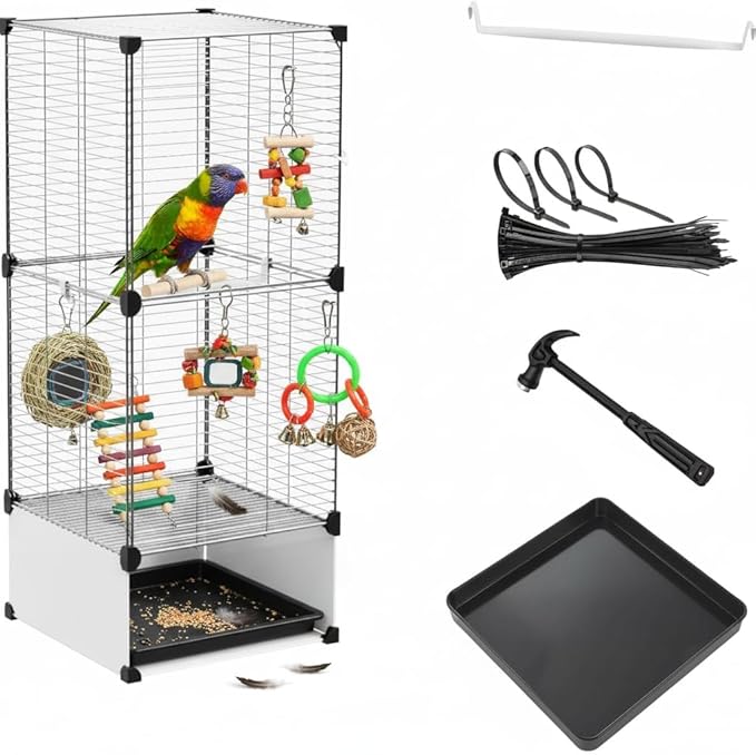 Lightweight Bird Cage with Removable Tray and Adjustable Perch – Portable Small Animal Cage with Single Lockable Door, Easy to Clean & Move for Parrots, Cockatiels, Parakeets, and Finches-S