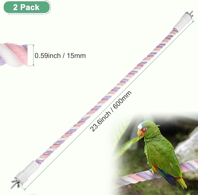 2-Pack Rope Perches for Bird Cages, 23.6 in Length Comfort Grip Flexible Rope Perch Beak & Paw Grinding for Parrots/Cockatiels/Parakeets, Bird Platform Sand [Pink Purple]