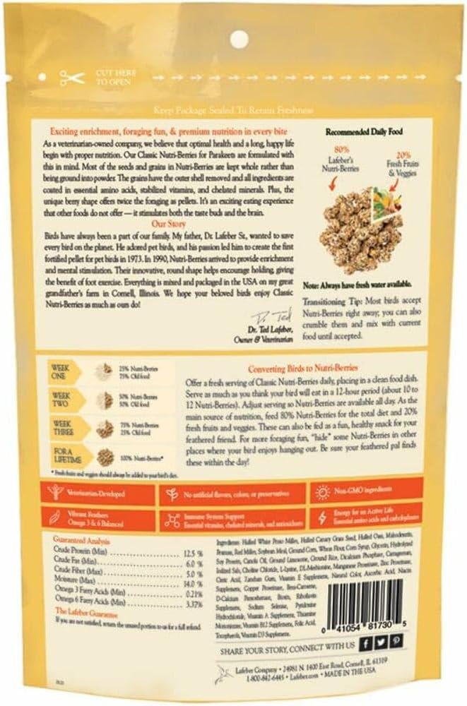 LAFEBER'S Classic Nutri-Berries Pet Bird Food, Made with Non-GMO and Human-Grade Ingredients, for Parakeets (Budgies), 10 oz