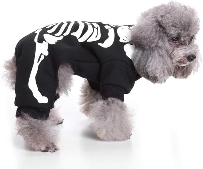 Halloween Fancy Fleece Dogs Cats Warm Pajama Coat Skeleton Costumes for Teddy, Pug, Chihuahua, Shih Tzu, Yorkshire Terriers, Papillon B-Black/White L