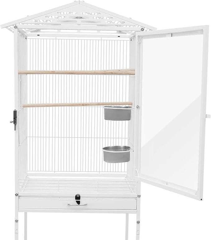 53.5 Inch Large Bird Cage Parakeet Cage with Wheels and Play Open Top Iron Bird Flight Cages for Parrot Lovebirds Finches Canaries Parakeets Cockatiels Budgie Parrotlet Conures (White, Type A)