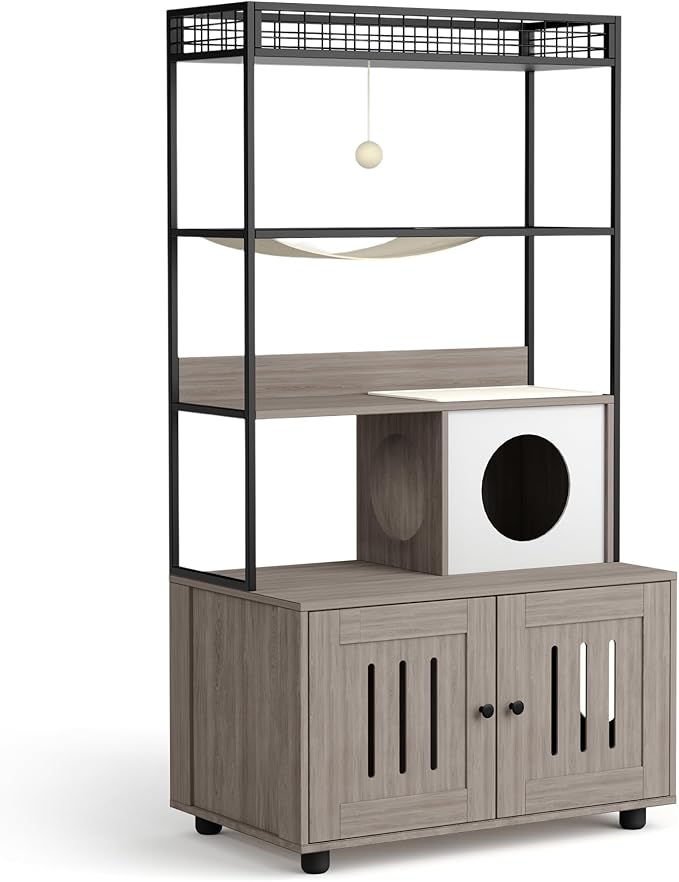 Cat Litter Box Enclosures with Storage Rack, Enclosed Litter Box Furniture, Hammock, Sisal Balls and Cat Scratching Mat