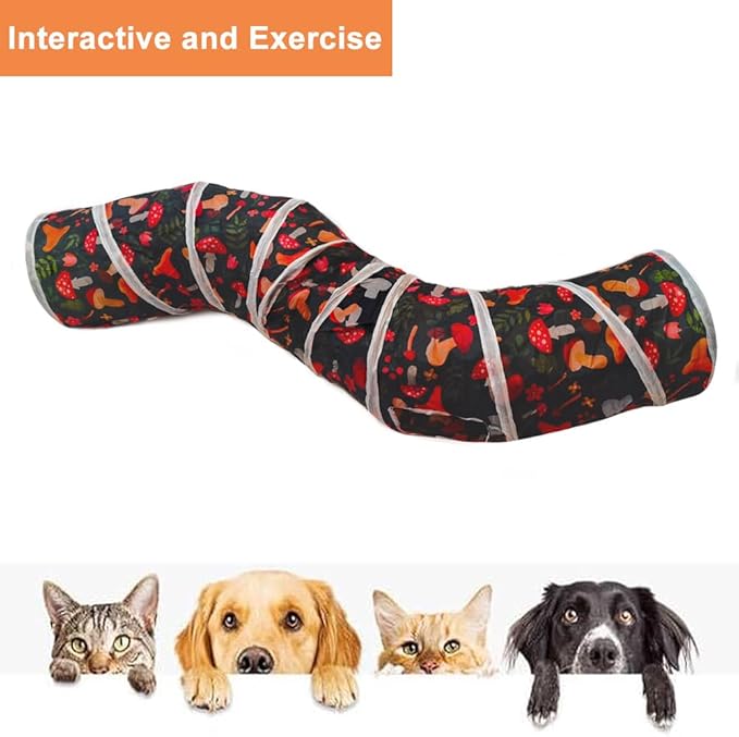 Cat Tunnel Tube Toys，Tunnels for Indoor Cats, Collapsible Interactive Toy with Balls for Rabbits, Kittens, Ferrets, Puppy (S - 2 Way Mushroom)