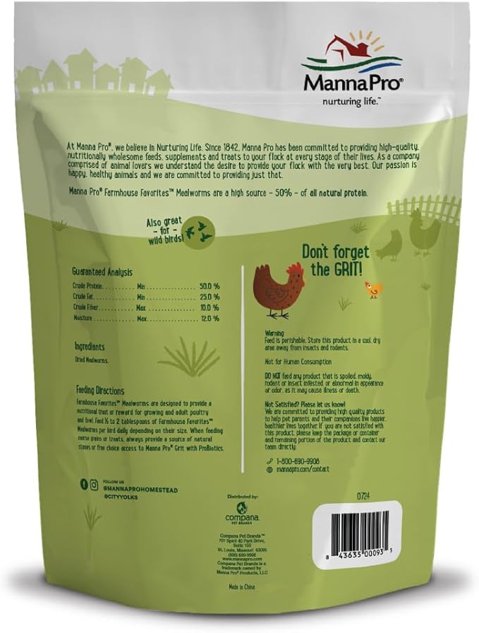Manna Pro Farmhouse Favorites Mealworms Poultry Treat - Protein Treat for Poultry - Chickens, Turkeys, Ducks, Geese, and Guinea Fowl - Contains 50% Protein - 100% Natural Poultry Snack - 10oz