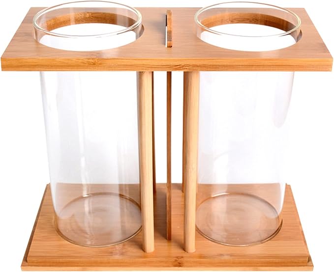 Dual Chamber Bamboo Desktop Aquarium - Mini Betta Fish Tank with LED Light, 360° View Glass Tanks for Goldfish or Small Fish, Home Office Decor