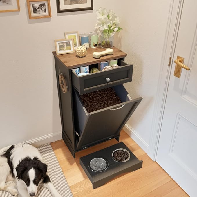 FIMELLO 13 Gallons Dog Feeding Station, Tilt-Out Dog Food Storage Cabinet with Drawer,Pet Feeder Cabinet,Black Oak