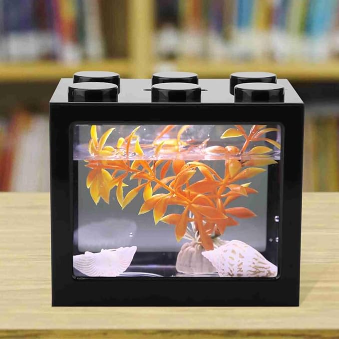 Mini USB LED Aquarium Fish Bowl Plastic Tank with White Light for Desk Tabletop Decor Energy-Saving Office Accent(Black)
