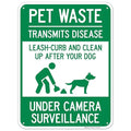 Pet Waste Leash-Curb and Clean Up After Your Dog Under Camera Surveillance Sign, 18x24 Inches, 55 mil Thick HDPS (high Density polystyrene), Made in USA