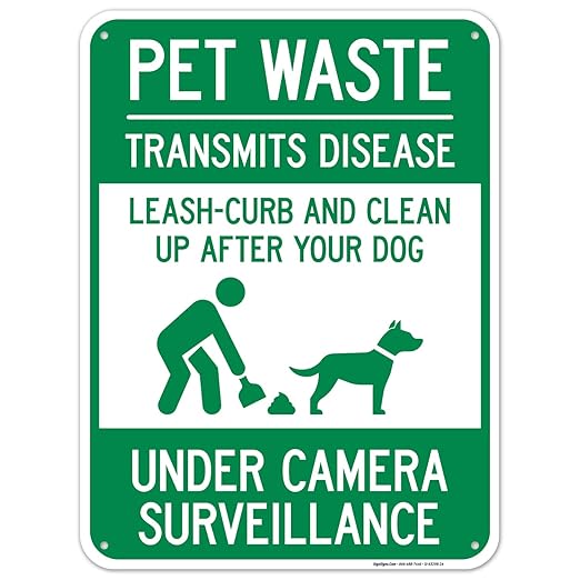 Pet Waste Leash-Curb and Clean Up After Your Dog Under Camera Surveillance Sign, 18x24 Inches, 55 mil Thick HDPS (high Density polystyrene), Made in USA