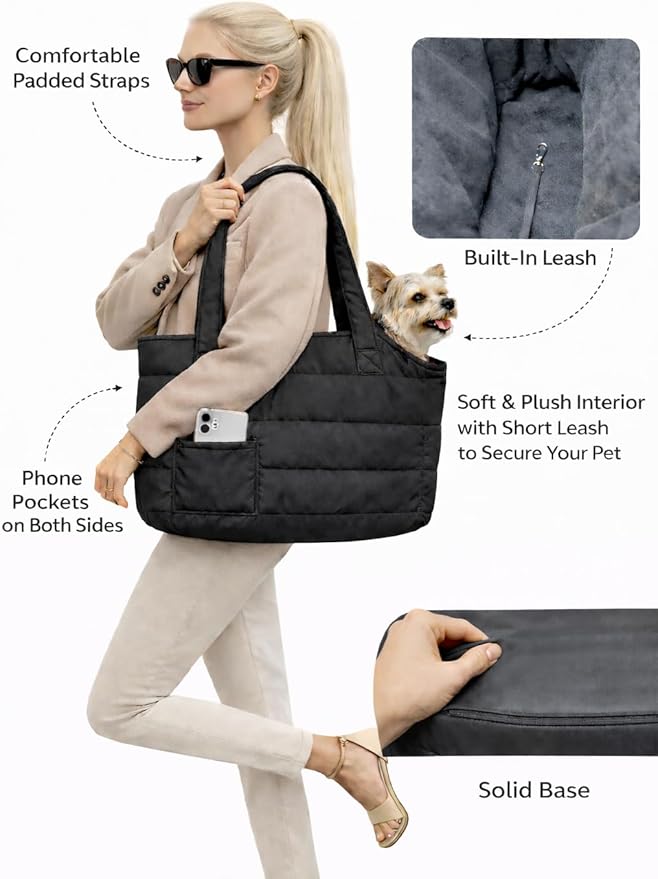 Dog Purse Carrier for Small Dogs, Puffer Dog Bag, Portable Travel Tote Bag for Small Dogs, with Safety Leash & Phone Pocket
