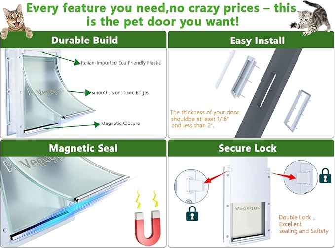 Pet Door Dog Door Easy Install - Wood & PVC Doors & Walls，Cat Door Free Movement & Flexible Control - 2 Magnetic Flaps & Sliding Lock,Telescoping Frame,5 3/4" x 9 1/3" for Small Dogs Cats Up to 15 lb