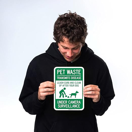 Pet Waste Leash-Curb and Clean Up After Your Dog Under Camera Surveillance Sign, 10x7 Inches, 4 Mil Vinyl Decal Stickers Weather Resistant, Made in USA