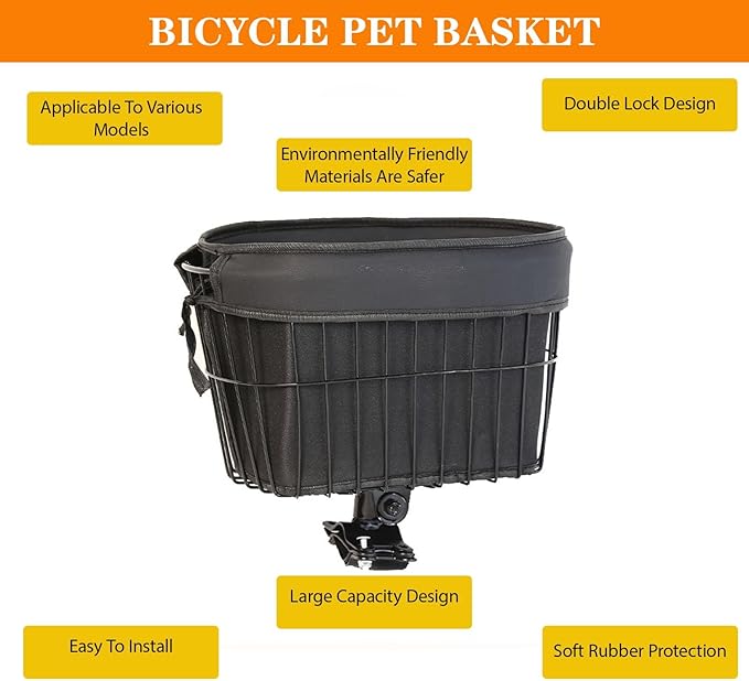 Heavy Duty Bicycle Pet Basket with Universal Fit - Holds Up to 33 Lbs, Reinforced Soft Padding and Secure Hugging Design for Safe Dog/Cat Rides (Bike-Mounted Pet Carrier)