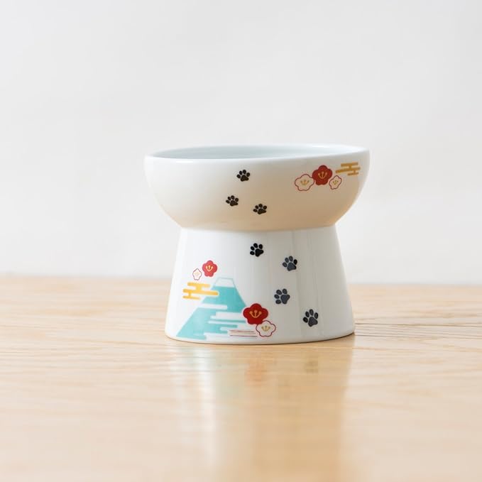 Necoichi Raised Cat Food Bowl – Ceramic Elevated Cat Bowl for Whisker & Neck Fatigue, Dishwasher Microwave Safe – Non-Slip & Anti Vomiting Ergonomic Design (Fuji, Large, 2-Cup Capacity)
