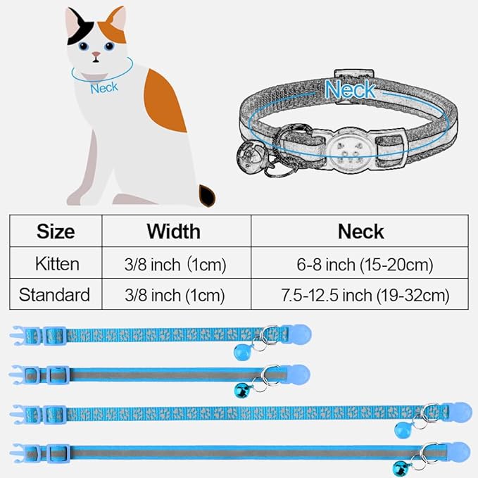 Taglory Reflective Cat Collar Breakaway with Bells, 2 Pack Girl Boy Pet Cat Collar Adjustable 7.5-12.5 Inch, Sky Blue