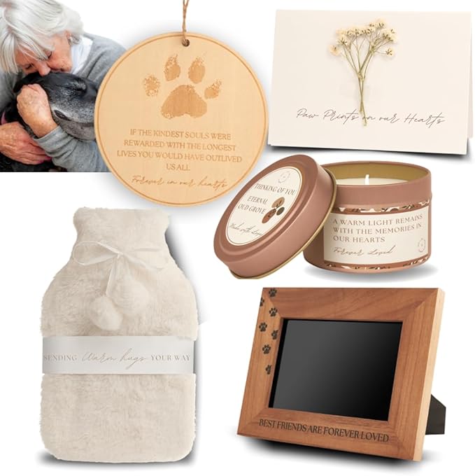 Pet Loss Bereavement Box, Sympathy Gift for Loss of Dog, Pet Memorial Christmas Gift with Photo Frame, Christmas Remembrance Ornament, Memory Candle, Hot Water Bottle, Comfort Grieving present