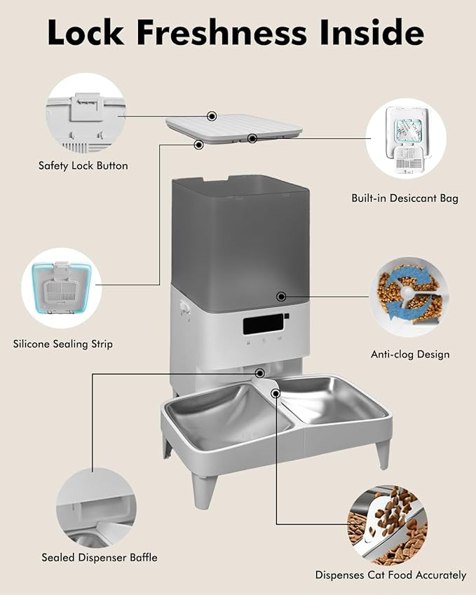 Automatic Cat Feeder for 2 Cats, 2.4G WiFi Timed Cat Feeder with APP Control, 20Cups/5L Automatic Food Dispenser, Dual Stainless Steel Bowls, 1-10 Meals/Day, Dual Power & Detachable for Easy Clean