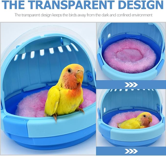 Cabilock Portable Pet Parrot Travel Cage with Blue Plush Nest, Small Handheld Bird Carrier Suitable for Budgerigar and Young Birds