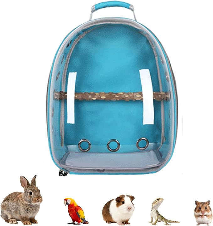 Transparent Parrot Backpack,12 Holes Ventilate Space Capsule Carrier,Stick Wooden Standing Perch,Portable Double Shoulder Outdoor Pet Backpack Carrier for Birds and Pets (Light Blue,with Stick)