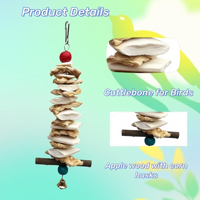 Bird Parrot Toys for Cage, 2 Pack Chew Toys with Corn Cob, Cuttlebone & Colorful Blocks for Small to Medium Parrots Like Parakeets, Conures, Cockatiels (Colorful Toy + Cuttlefish Bone)