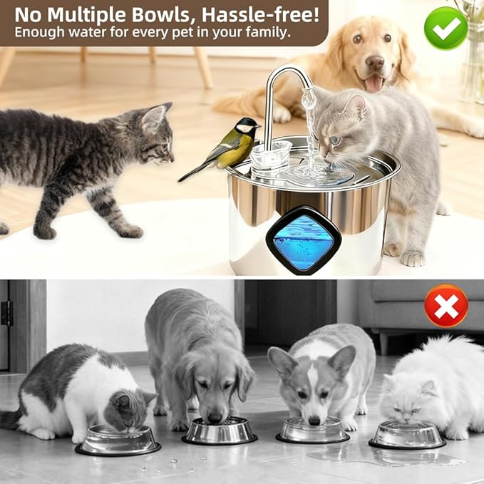 Cat Water Fountain Stainless Steel,108oz/3.2L Cat Fountain for Drinking- Pet Water Fountain Inside，Super Quiet Automatic Dog Watering Dispenser Bowl，Pet Feeding & Watering Supplies Water Level Window