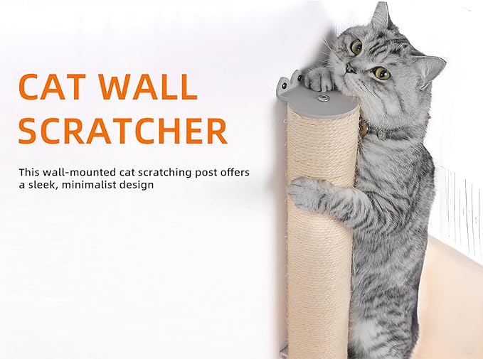 ESPETS 34'' Tall Sisal Rope Cat Scratching Post, Wall Mount 2 Ties Cat Pole - Vertical Cat Wall Scratcher, Cat Wall Furniture