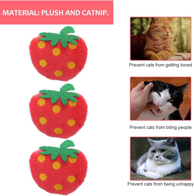 10 Pack Strawberry Cat Toy - Interactive Plush Chew Toys for Indoor Cats and Small Dogs - Cute Fruit Catnip Scented Kitty Teething Supplies for Valentine's Day Pet Gift