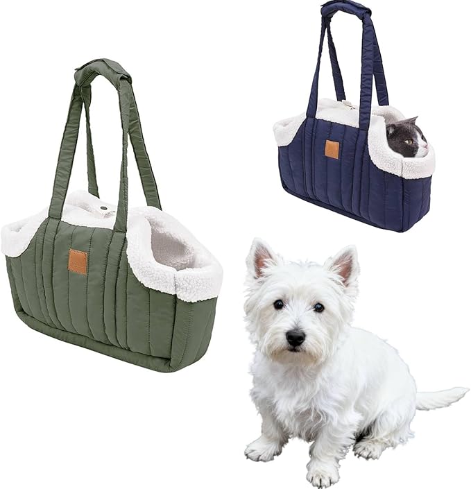 Winter Fleece Warm Dog Tote Bag, 2024 New Small Dog Carrier Purse, Waterproof Pet Travel Handbag, Carrier Purse with Secure Harness Clip for Shopping, Hiking and Walking (Green)