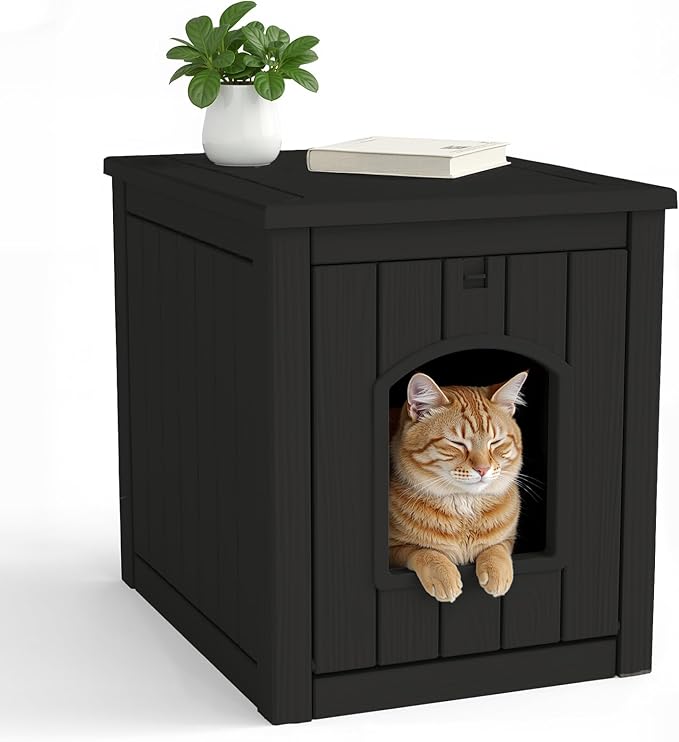 Resin Cat Litter Box Enclosure - Indoor Hidden Waterproof Furniture, Hidden Pet Box，Side Table(Black