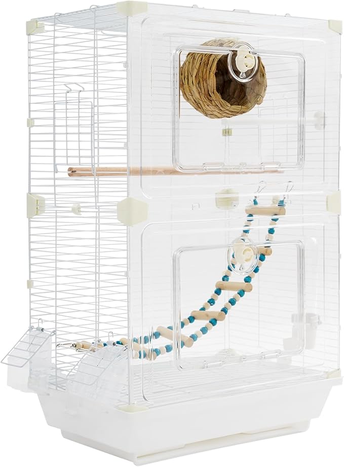 Two-Tier Bird Cage, 30 Inch Pigeons Parrot Birdcage with Safe Rotary Door Lock, White Parakeet Cage for Small to Medium Birds, Easy Access Double Doors. (E)
