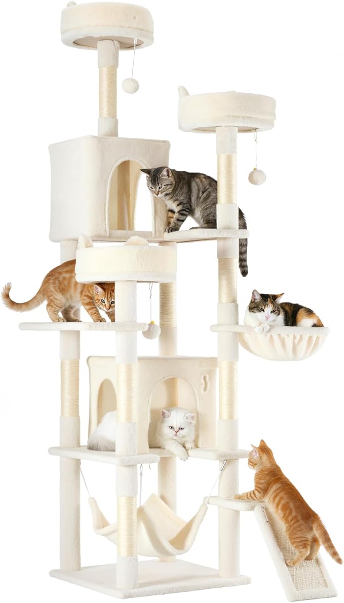 Sweetcrispy Cat Tree 75 Inch, Large Multi-Level Tall Cat Tree Tower with Condo, Perches, Sisal Scratching Posts Board and Hammock, Pet Play House with Dangling Balls for Indoor Cats, Beige