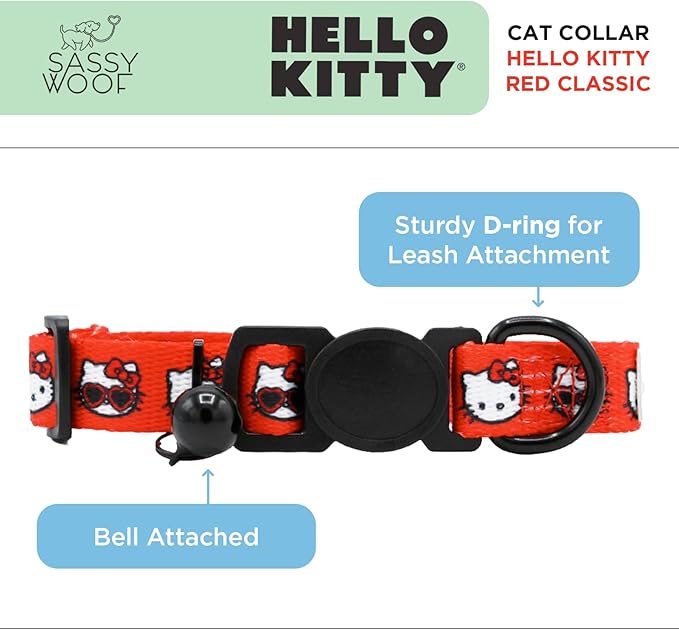 Sassy Woof Cat Collar Hello Kitty® Red Classic - M, Adjustable, Durable, Comfortable, Patented Design and Stylish Pet Accessories for Medium Cats