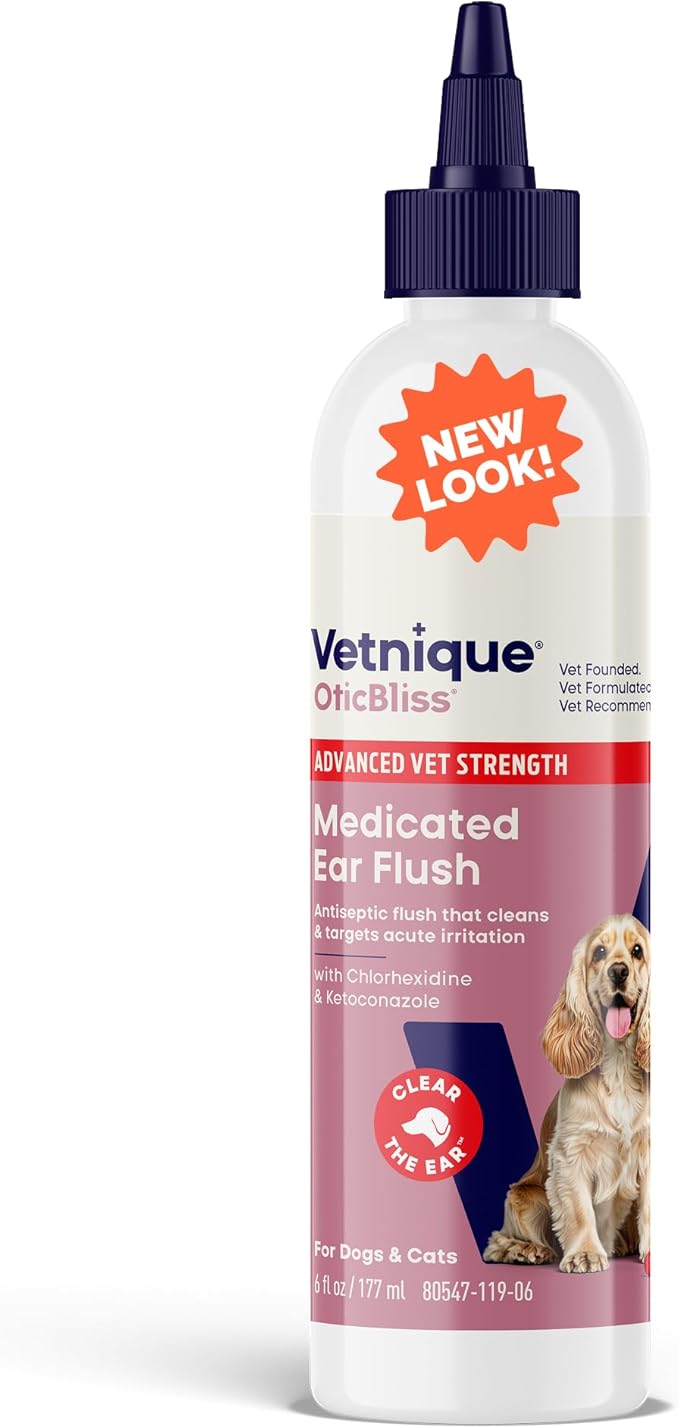 Vetnique Oticbliss Advanced Strength Medicated Dog Ear Infection Treatment, Antiseptic Ear Cleaner for Cat & Dog Ear Cleaning Solution Chlorhexidine & Ketoconazole (6oz Flush)